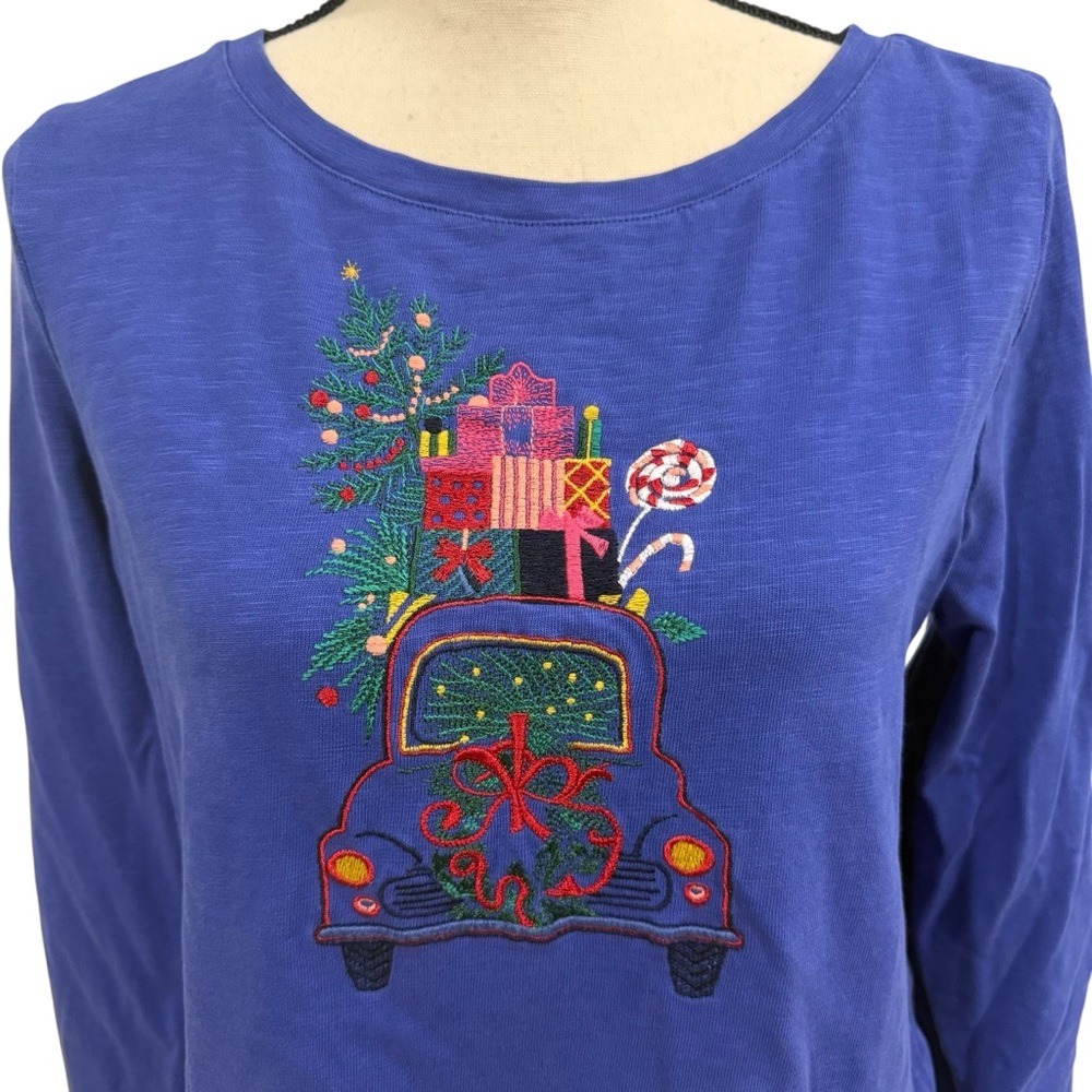 Talbots Royal Blue Christmas Car Presents Top Size Medium - Picture 3 of 8